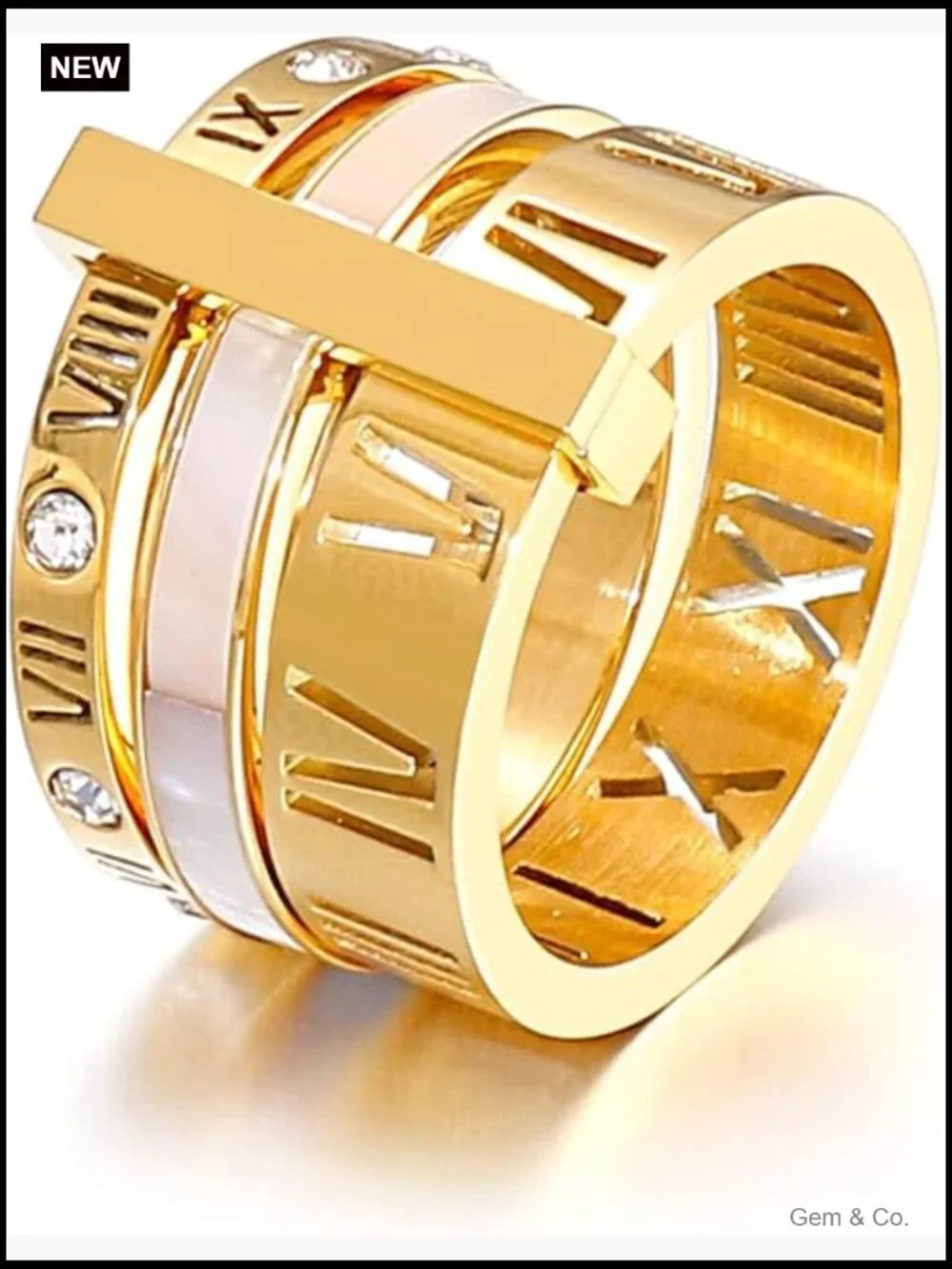 Stainless Steel Spinner Roman Numeral Stacking Ring 3 in 1 CZ